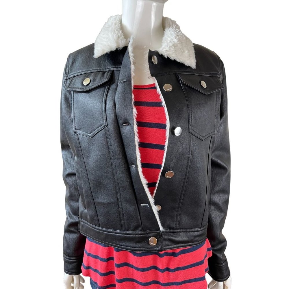 Jou Jou Womens Sherpa Leather Jacket Faux Fur Collar Front Button Black SZ Large - Picture 1 of 7